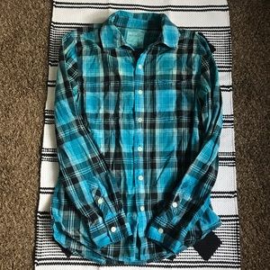Warp and Weft Teal & Black Plaid Button Up